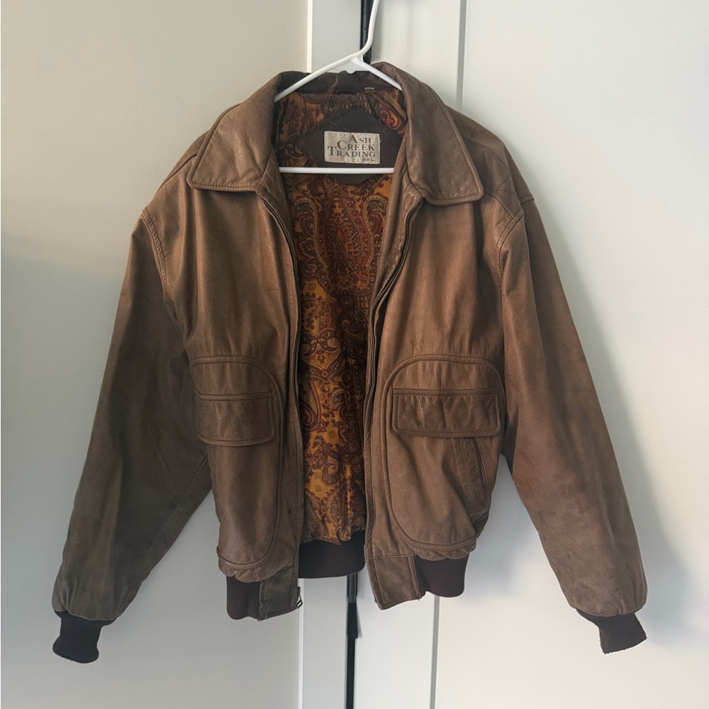 Men's Brown Leather Bomber Jacket with Paisley Lining -